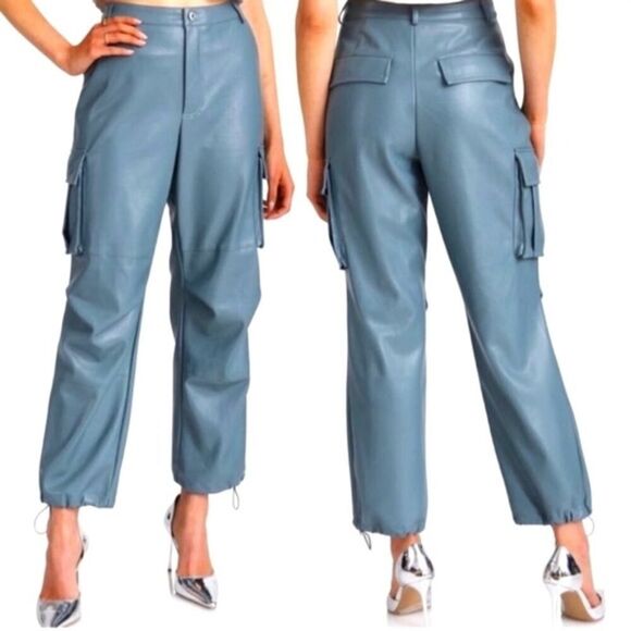 NWT 7 For All Mankind Faux Leather Blue High Waisted Cargo Pants - Size: Medium - Picture 1 of 14